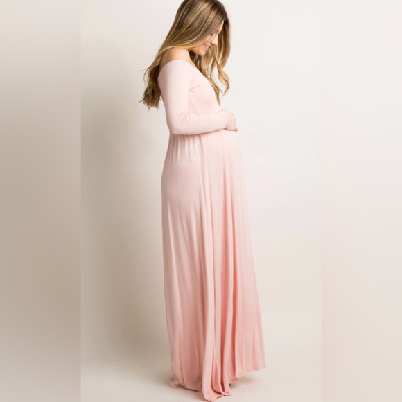 PinkBlush Petite Pink Solid Off Shoulder Maternity Maxi Dress -Size Small Long - Picture 4 of 12